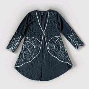 Ashro Womens Sheer Duster Jacket 6 Black Sequin Beaded Evening Glam Country Club